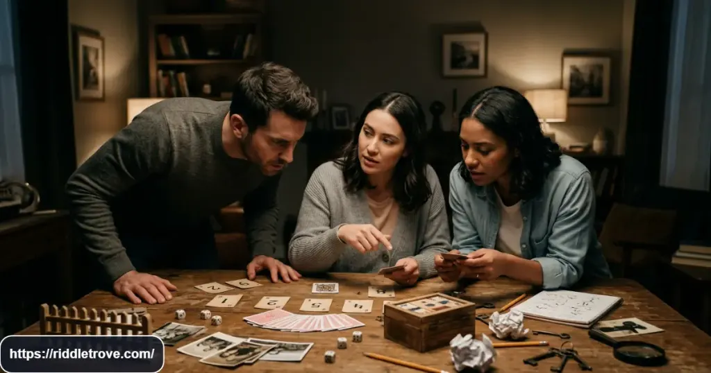 Friends facing a difficult final riddle challenge with puzzle clues