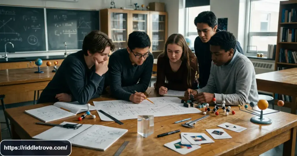 Students facing a difficult science riddle challenge with physics and space clues