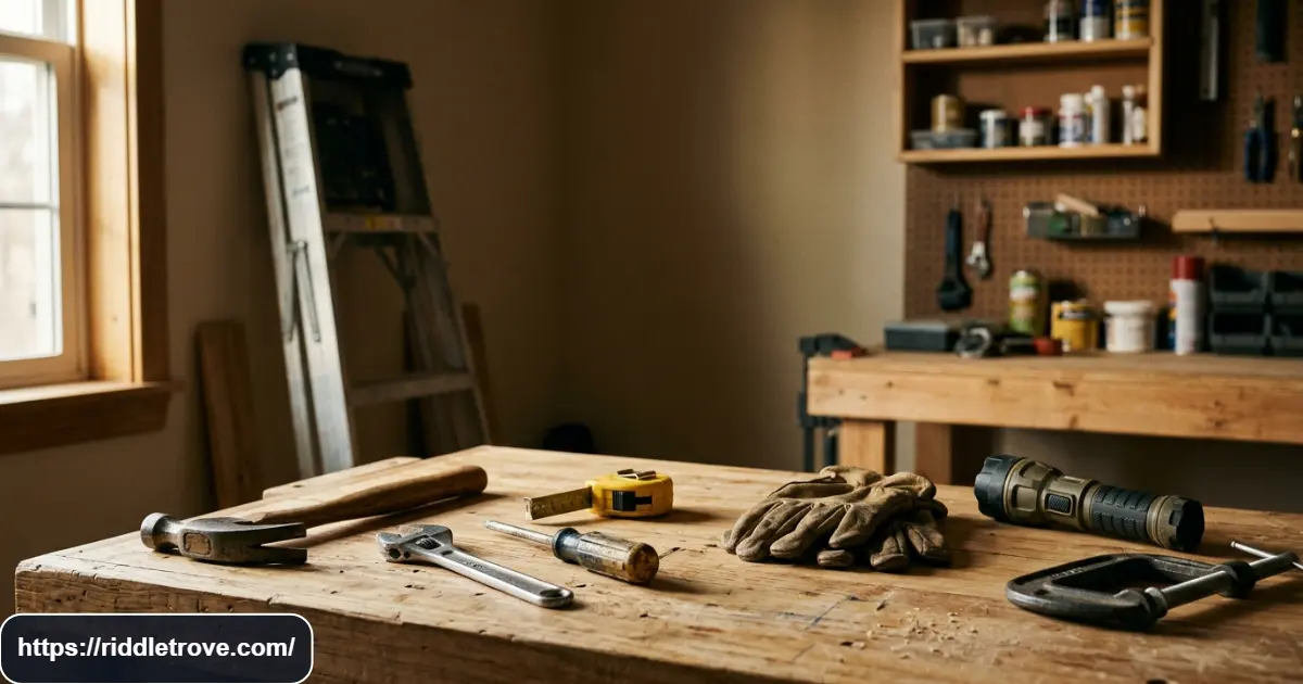 Useful tools and everyday objects arranged on a clean workshop workbench