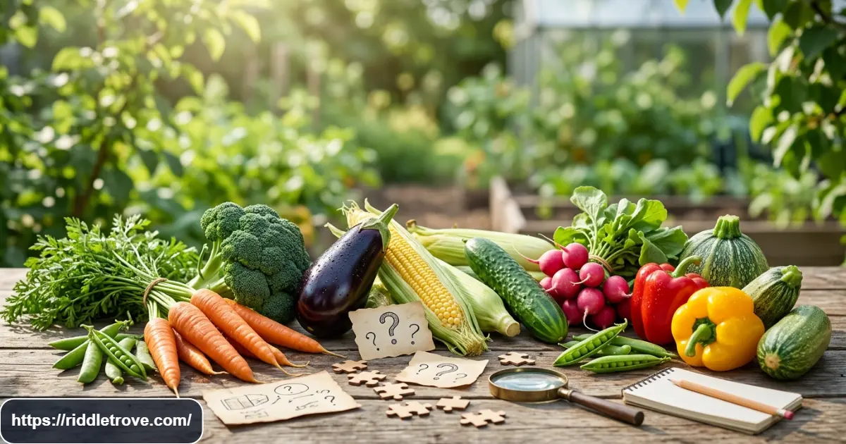 Colorful vegetables arranged around a playful vegetable riddle challenge