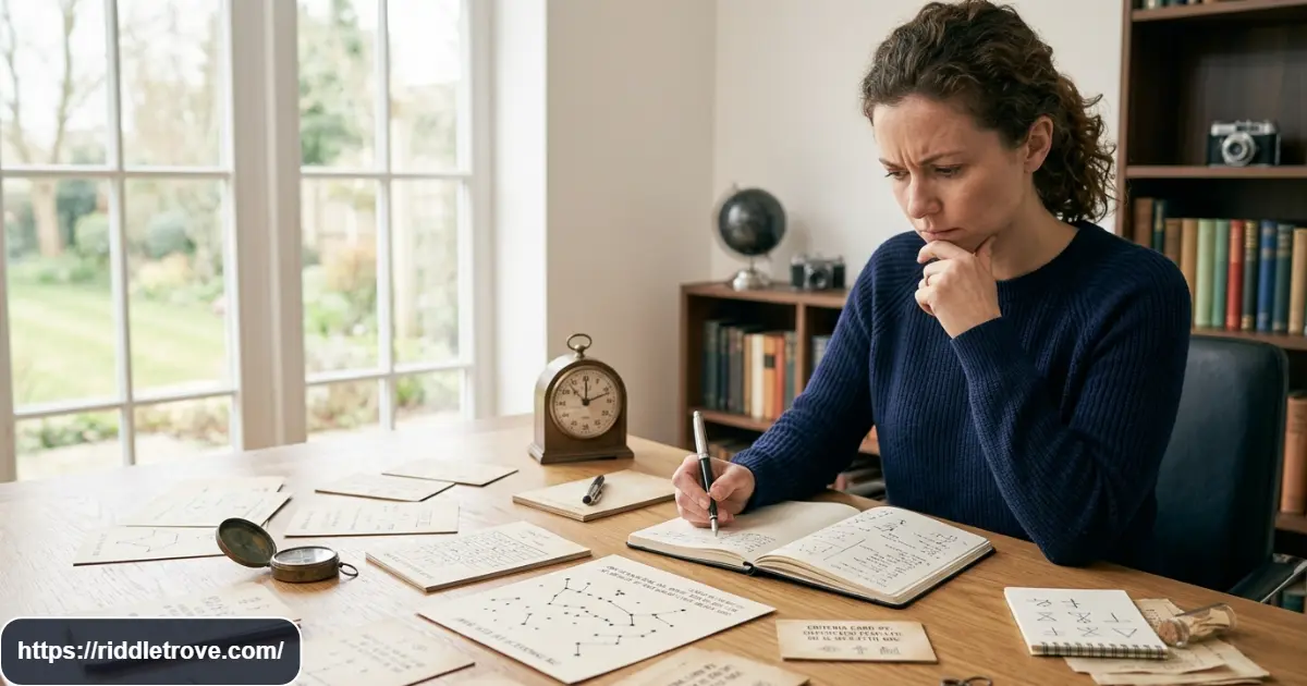 Person solving very hard riddles with puzzle cards and clues at a desk