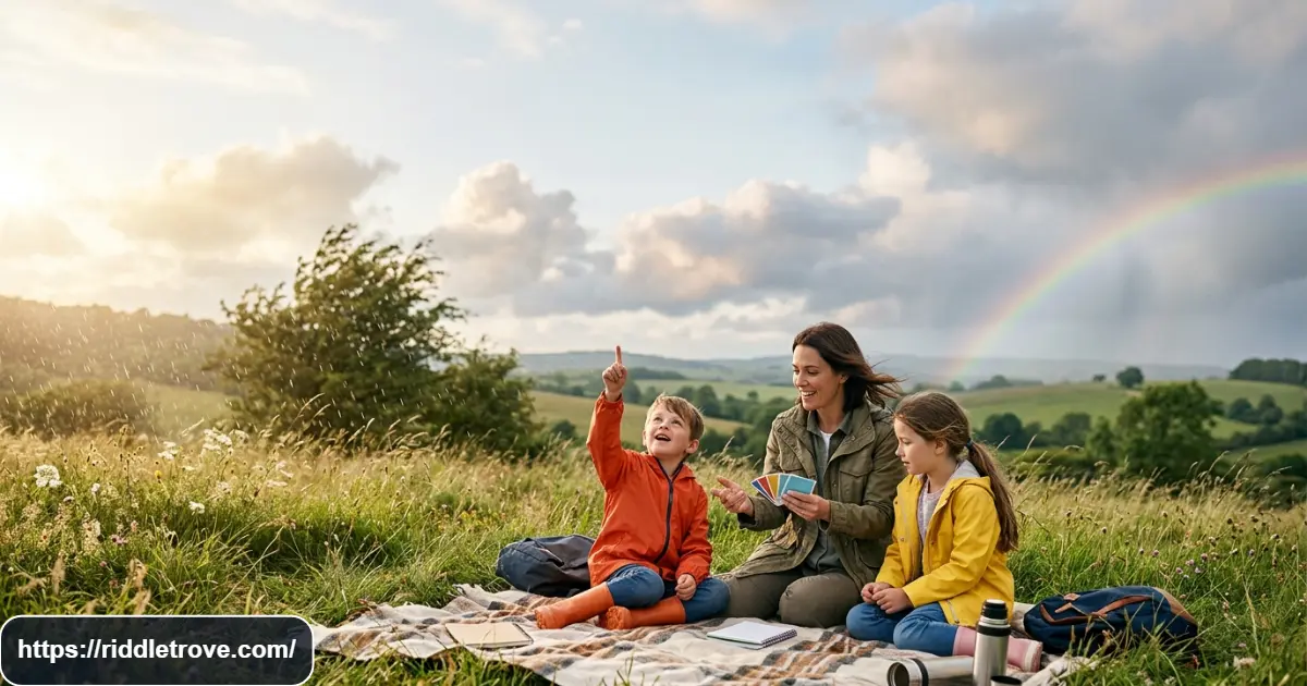 Children solving weather riddles beneath a colorful sky with clouds and sunshine