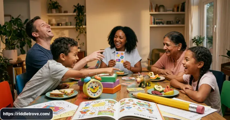 Kids and family laughing over weird riddles jokes with surprising answers