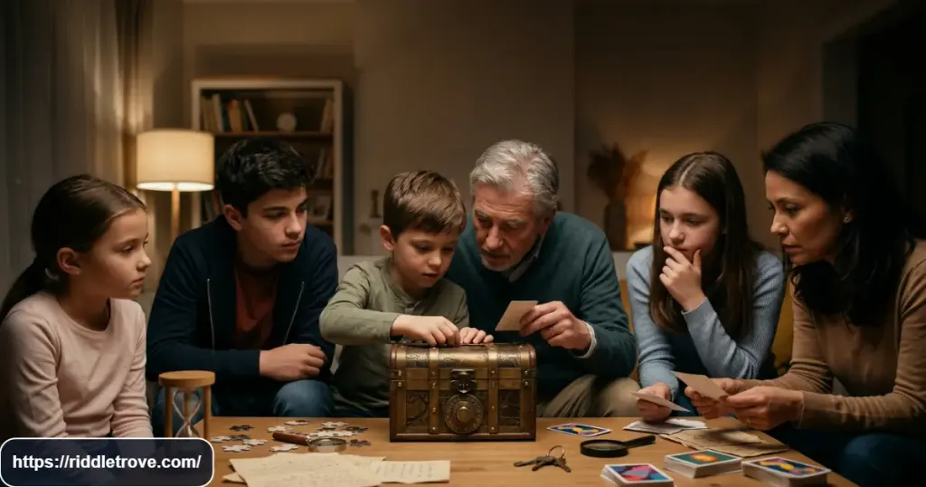 Premium cinematic 16:9 editorial scene of kids, teens, and adults gathered around a table for a final challenging riddle contest. Show thoughtful expressions, mystery cards, a strange locked box, puzzle pieces, unusual objects, and subtle visual clues. Realistic anatomy, sophisticated family-friendly atmosphere, dramatic but natural lighting, clear heading space, no text or logos.