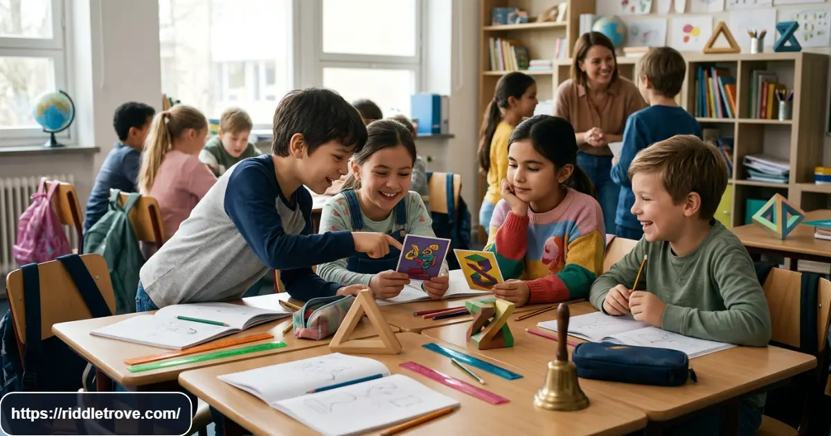Children solving weird school riddles with books pencils and backpacks