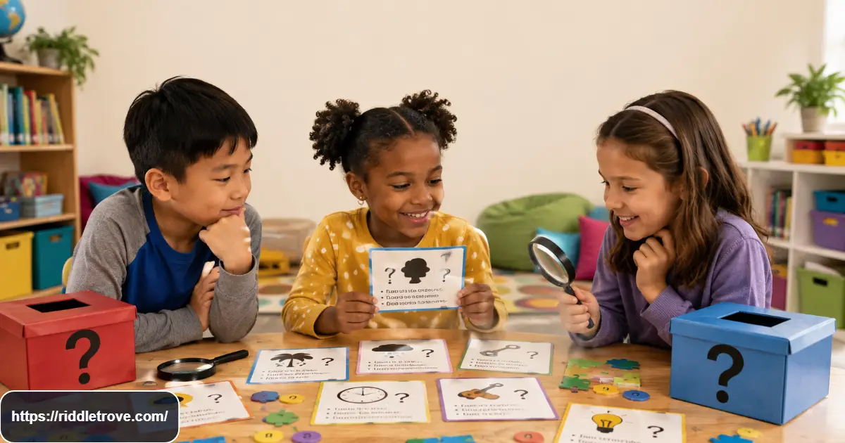 Children solving What Am I brain teasers with mystery clues and colorful puzzle cards