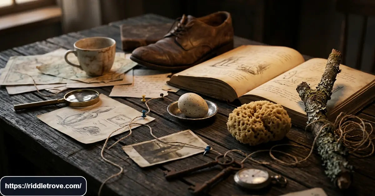 Mystery objects arranged for a famous What Am I riddle challenge