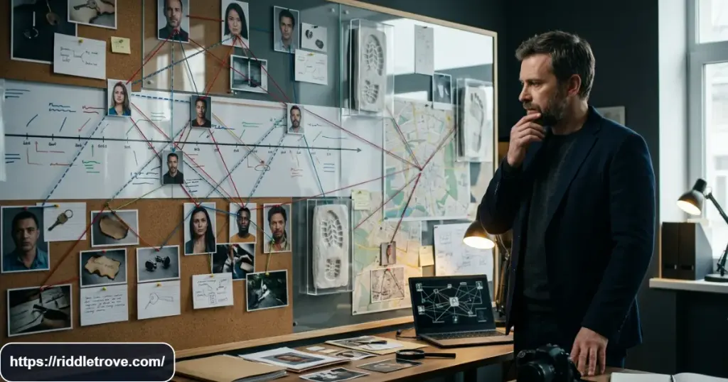 Detective solving a tricky who-did-it logic puzzle with multiple suspects