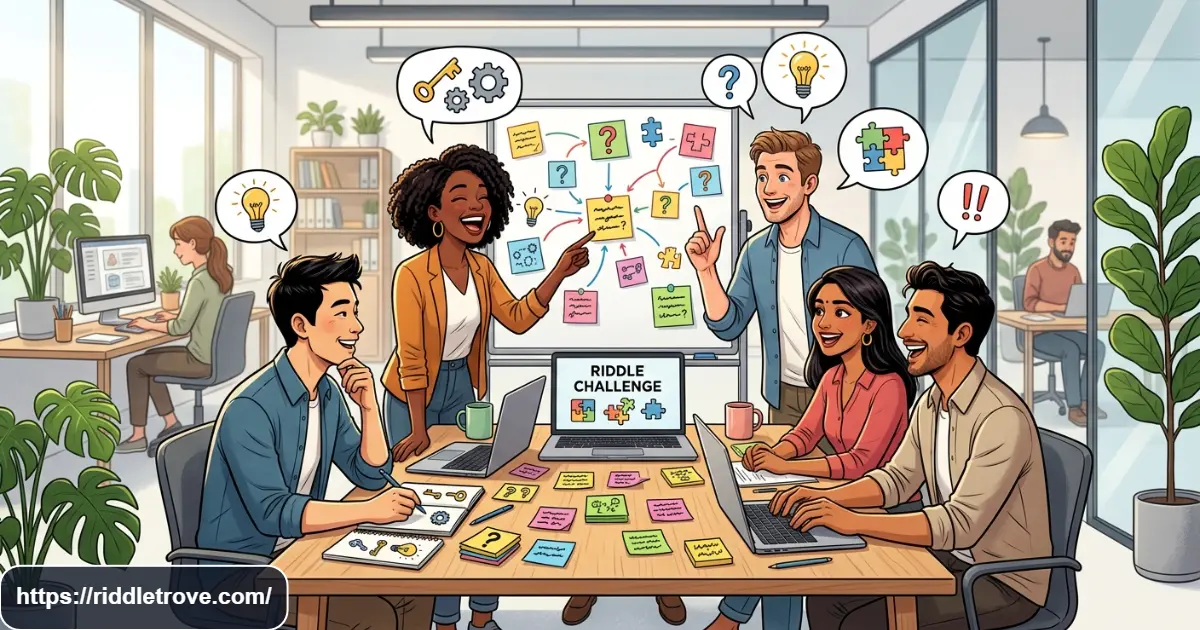 Coworkers solving fun workplace riddles in a modern office