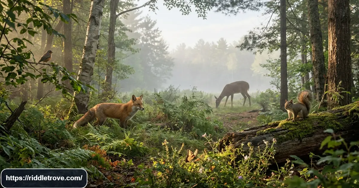 Realistic woodland animals surrounded by trees, leaves, and natural forest habitat
