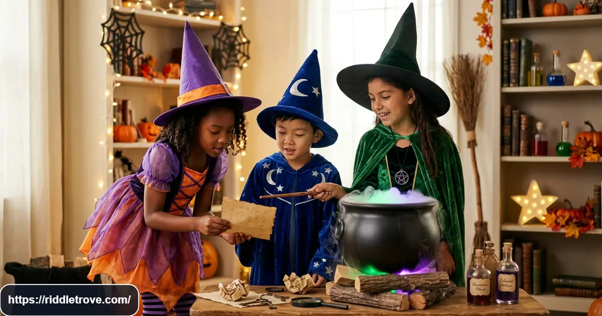 Kids solving witch and magic themed Halloween riddles together