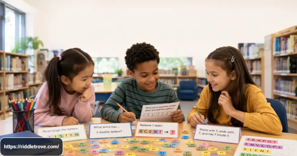 Kids solving word and language brain teasers with letters, words, and puzzle cards