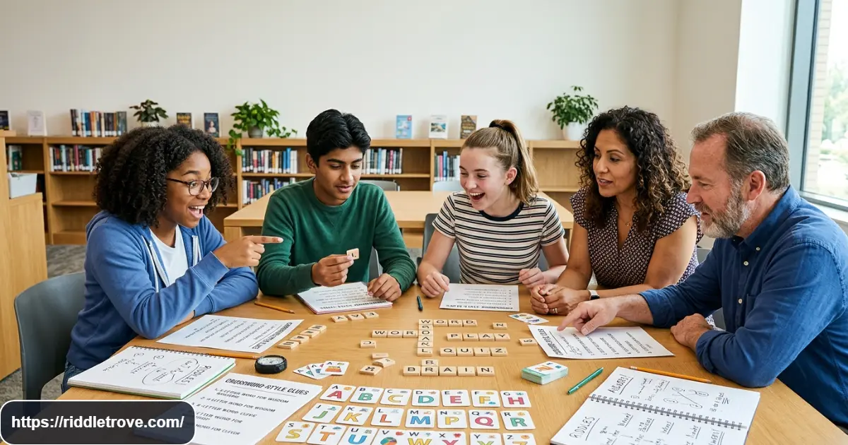 People solving clever wordplay brain teasers with letters and puzzle clues