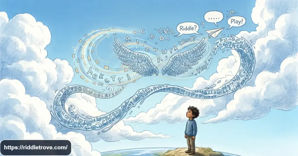 Wordplay flying riddles with floating letters, words, and a paper airplane