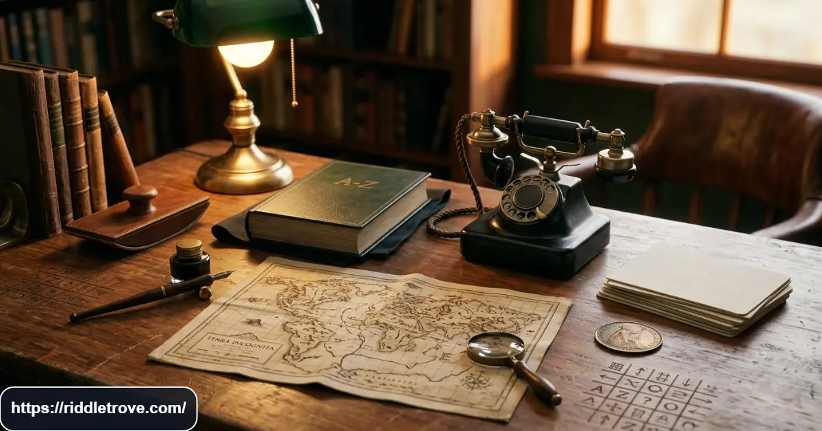 Dictionary, telephone, coin, map, and puzzle cards representing wordplay riddles