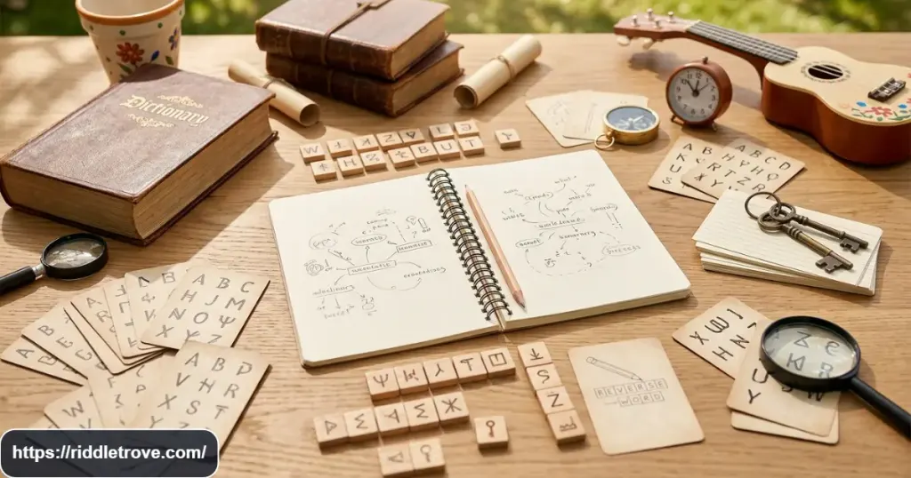 Wordplay riddles with letter tiles and clever language puzzle clues