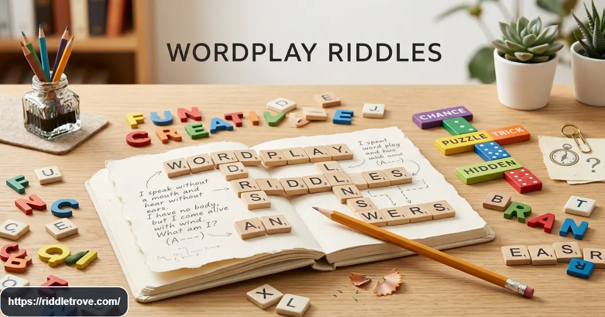 Wordplay riddles with playful letters and crossword puzzle tiles on a clean desk