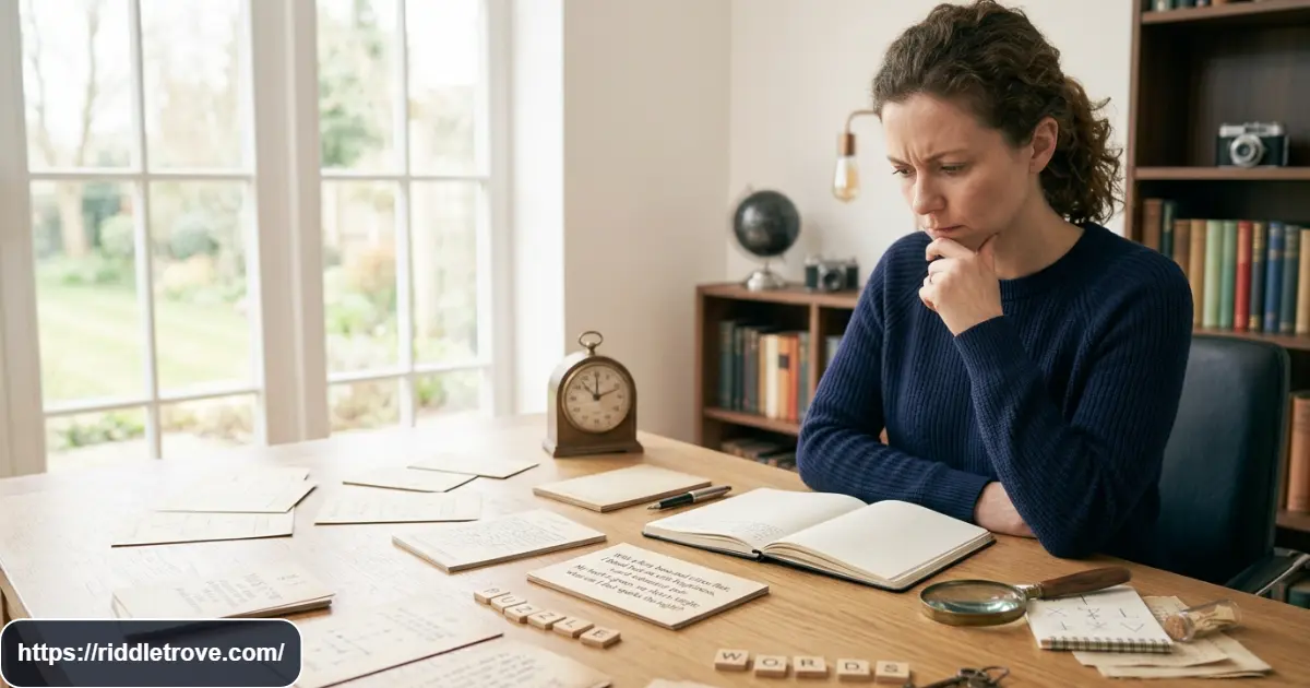 Person solving clever wordplay riddles with letters and puzzle clues