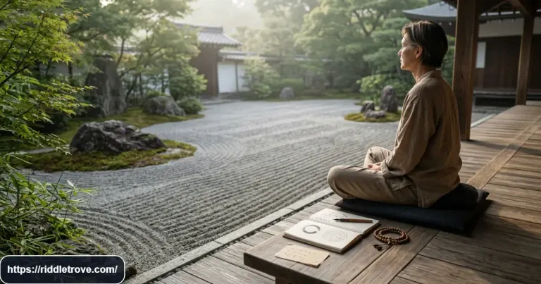 Zen Buddhist riddles beside a peaceful meditation garden