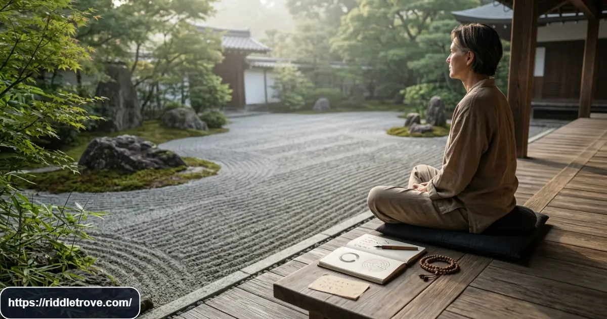 Zen Buddhist riddles beside a peaceful meditation garden