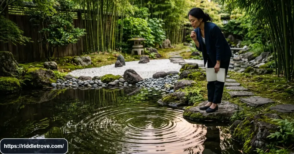 Zen puzzle thinker studying contrasting reflections on still water