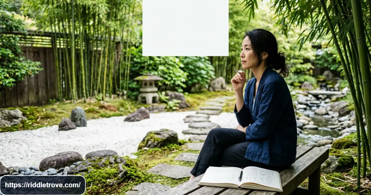 Person contemplating Zen riddles beside a peaceful Japanese garden