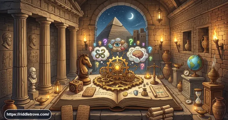 Ancient riddles with answers featuring Greek, Egyptian, and mythology-inspired puzzle symbols