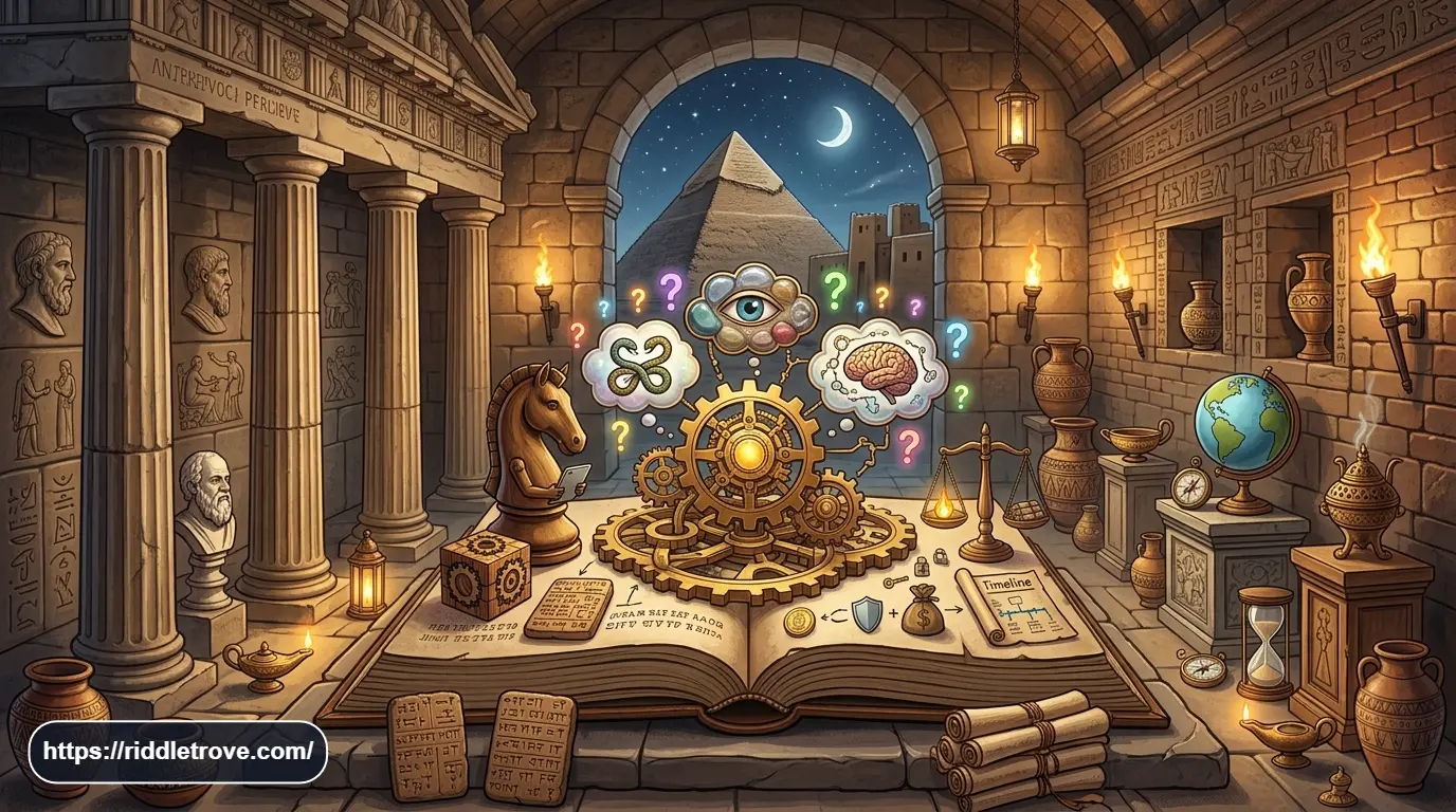 Ancient riddles with answers featuring Greek, Egyptian, and mythology-inspired puzzle symbols