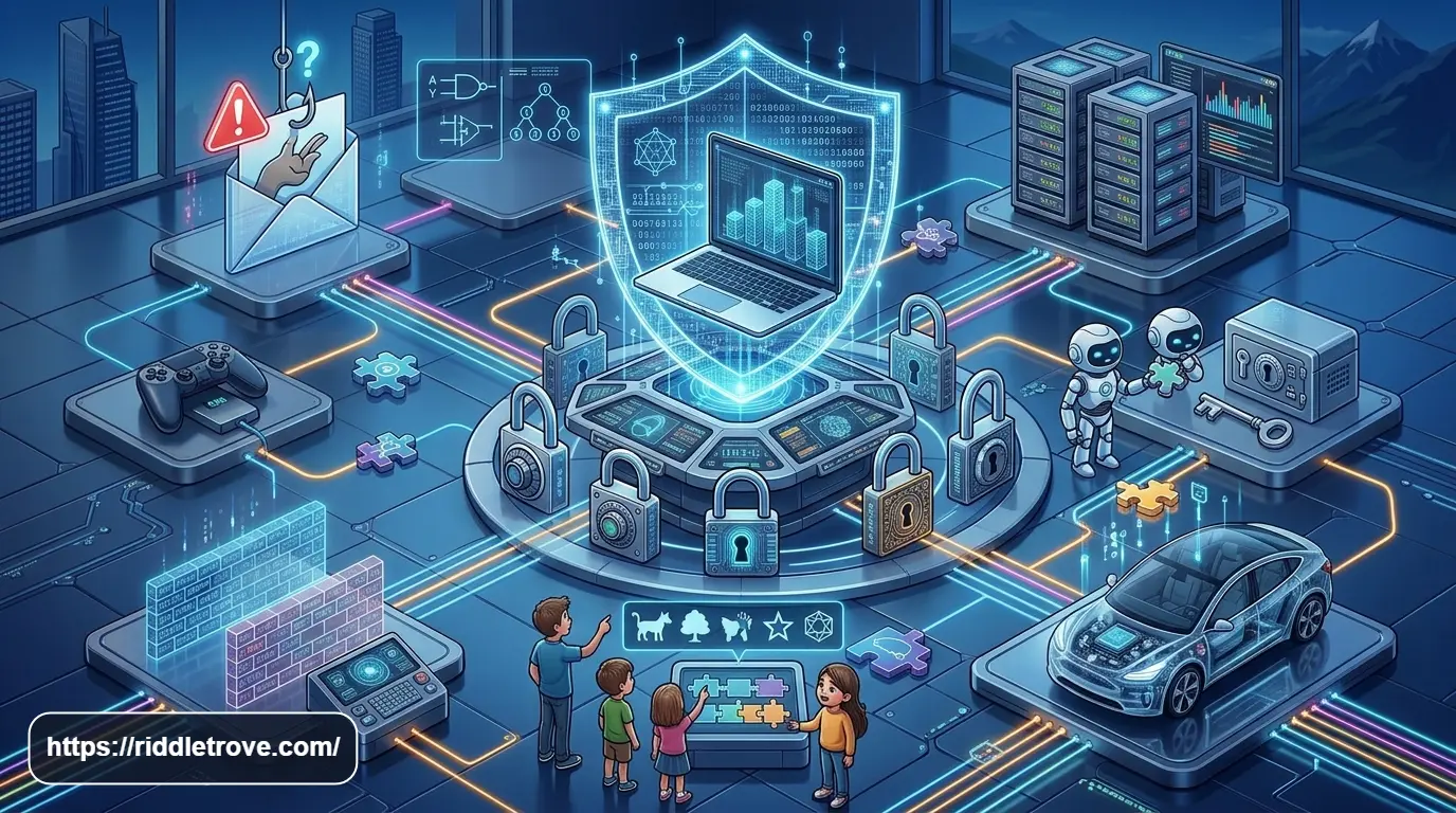 100 cybersecurity riddles with answers featuring digital security symbols