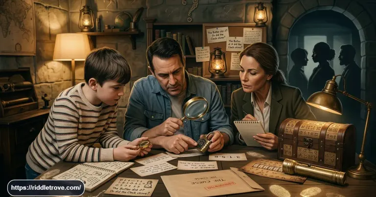 Detective riddles with answers featuring mystery clues and suspects