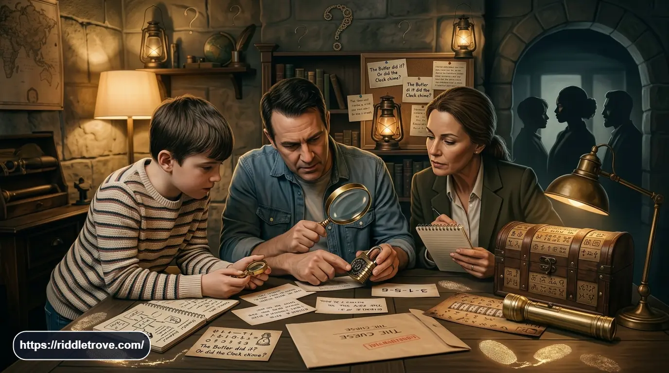 Detective riddles with answers featuring mystery clues and suspects