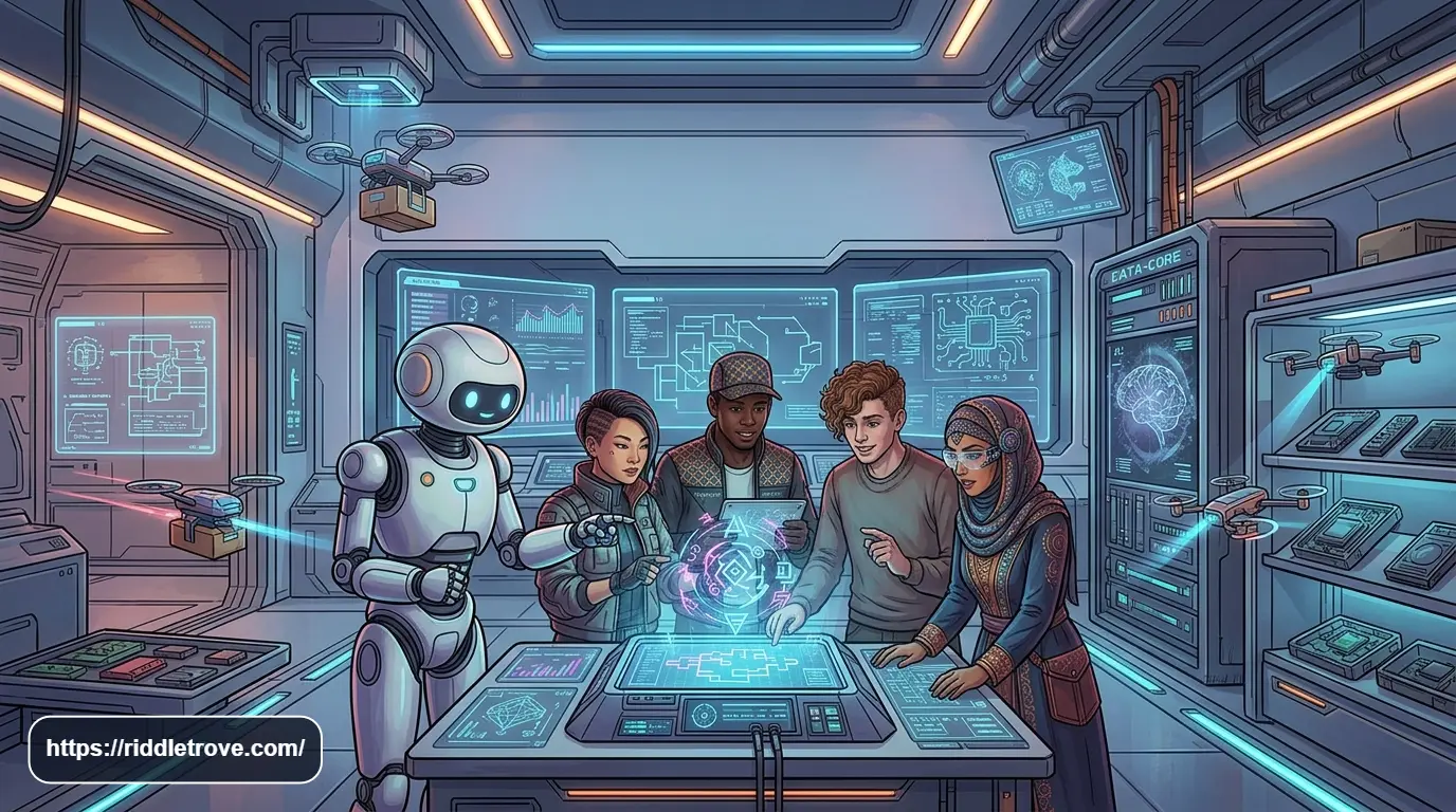 Friendly futuristic robot helping solve riddles inside a glowing cyberpunk lab