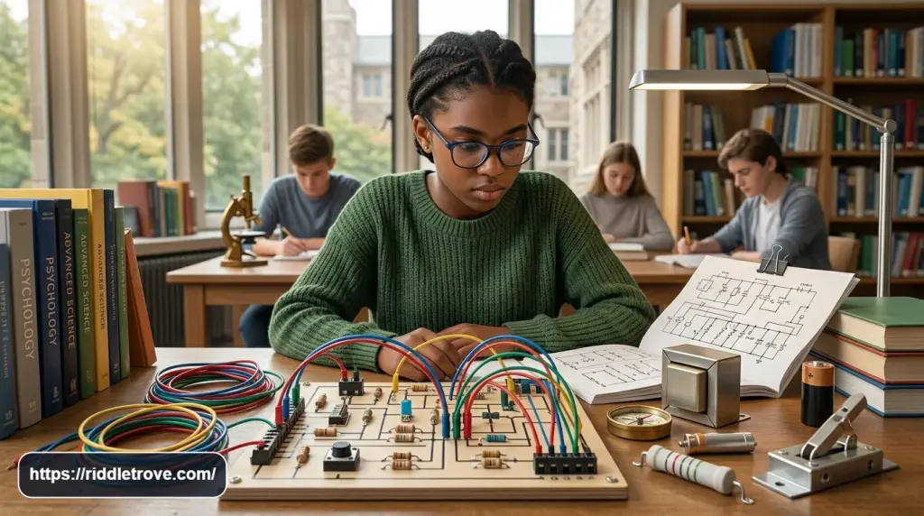 Student solving a challenging electricity circuit puzzle with diagrams and components