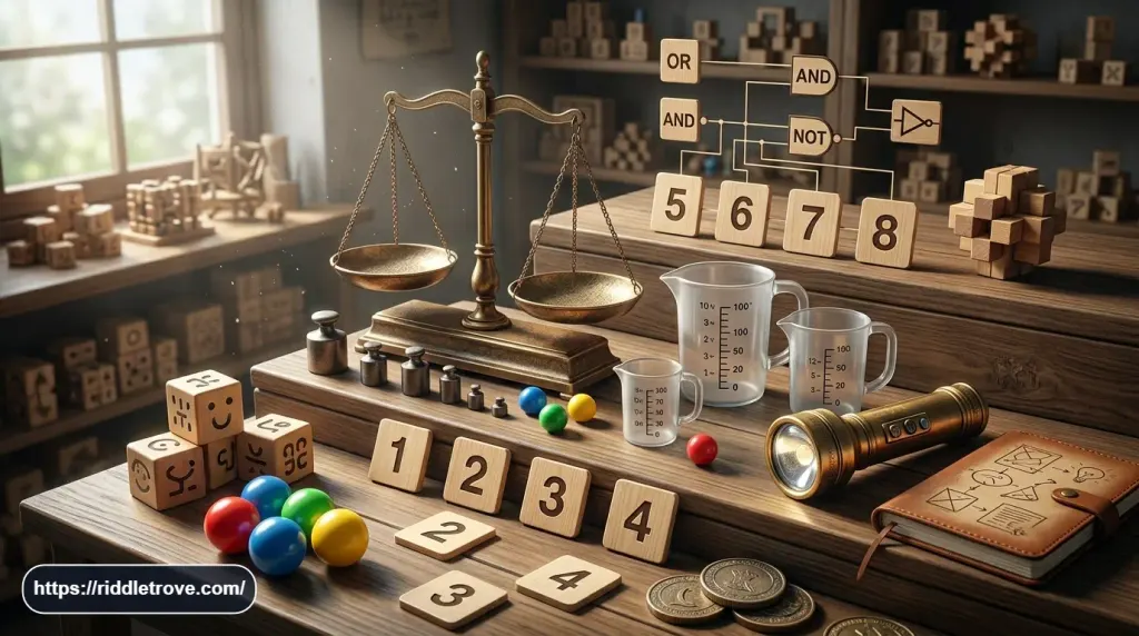 Logic puzzle props arranged for a challenging final riddle game
