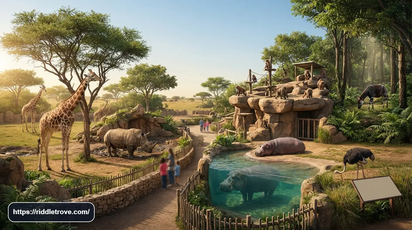 Giraffe rhino hippo and African animals in a colorful zoo setting

