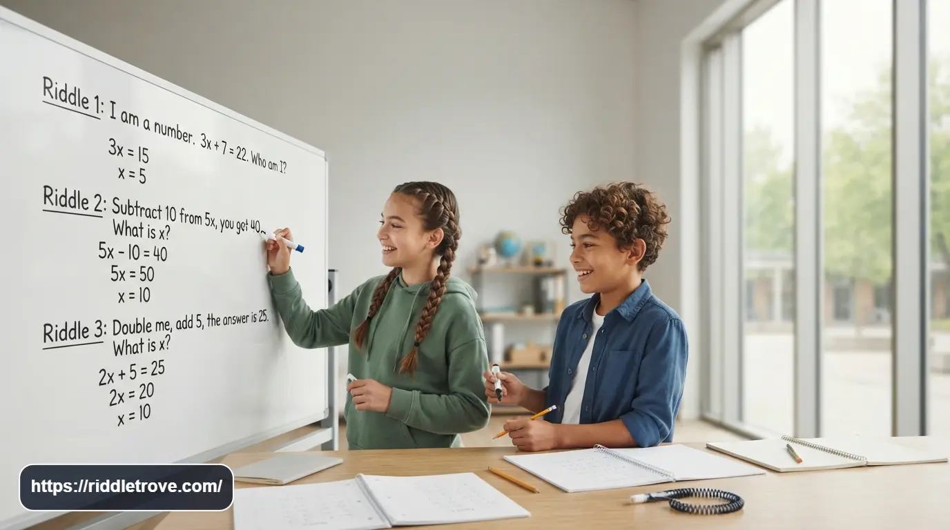 Students solving algebra riddles with equations and variables on a classroom board