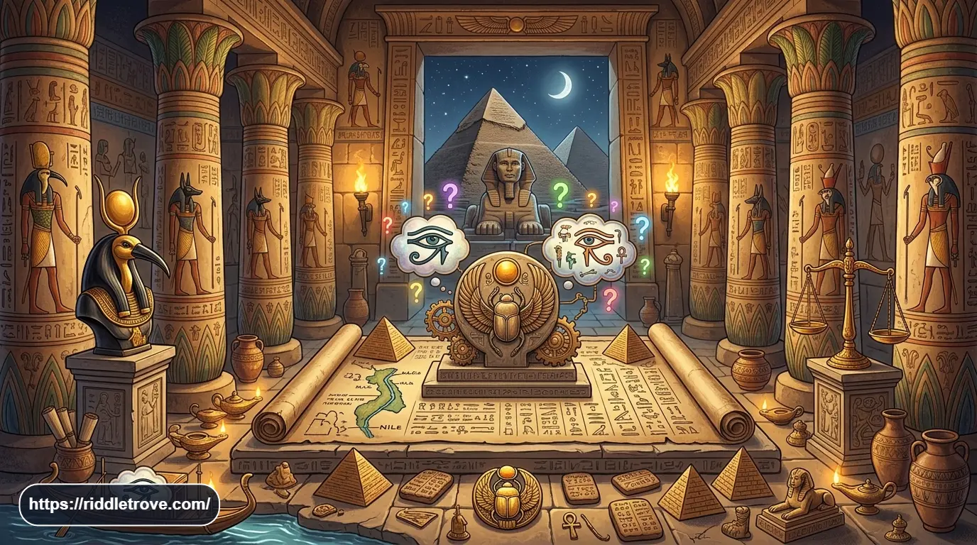 Ancient Egyptian riddles featuring pyramids, Sphinx, papyrus, scarab, and Nile imagery