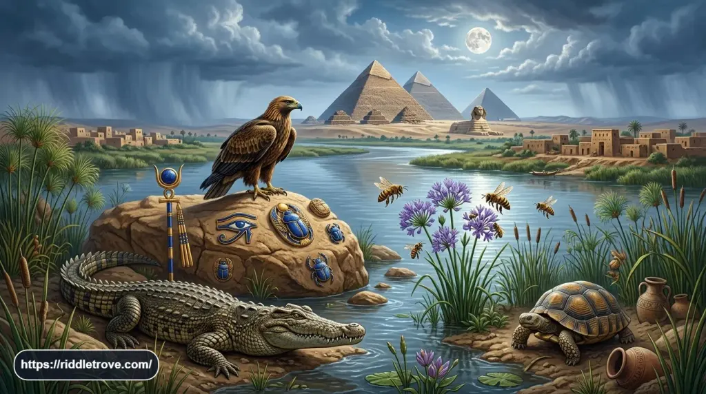 Ancient nature and animal riddles featuring the Nile, eagle, crocodile, bee, and tortoise