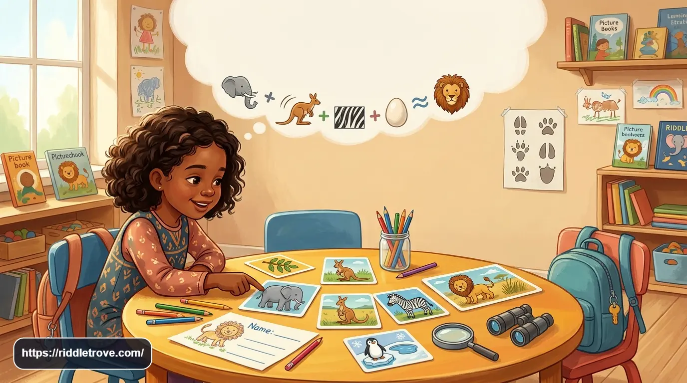 Young child exploring animal picture cards featuring elephants, kangaroos, penguins, and lions.