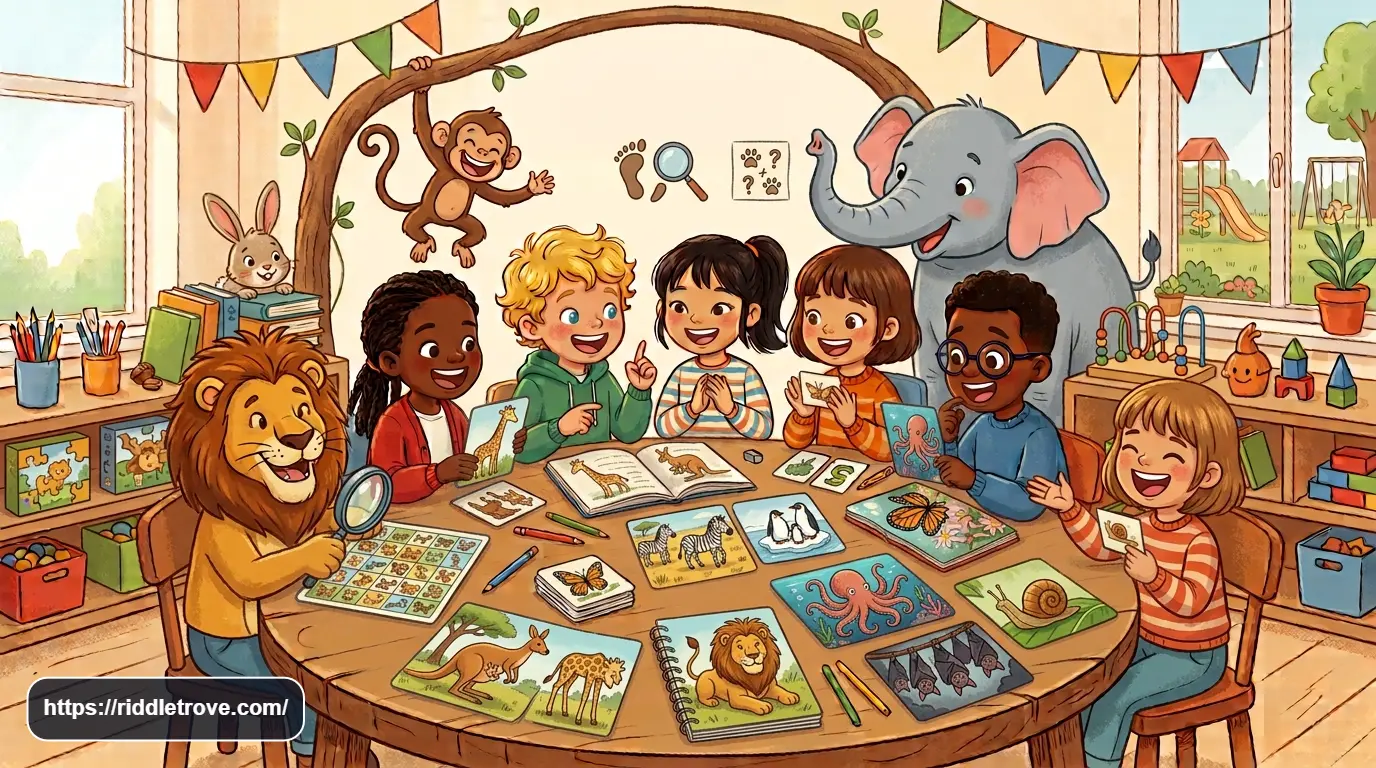 Children solving animal riddles with colorful wildlife illustrations nearby