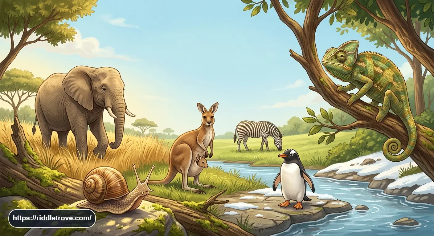 Elephant, kangaroo, penguin and other animals representing clever family riddles