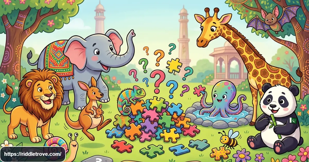 Lion elephant panda giraffe and other animals for riddle challenges