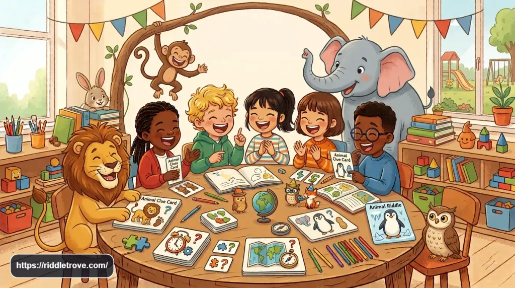 Animal riddles for 8 year olds with children solving playful animal puzzles