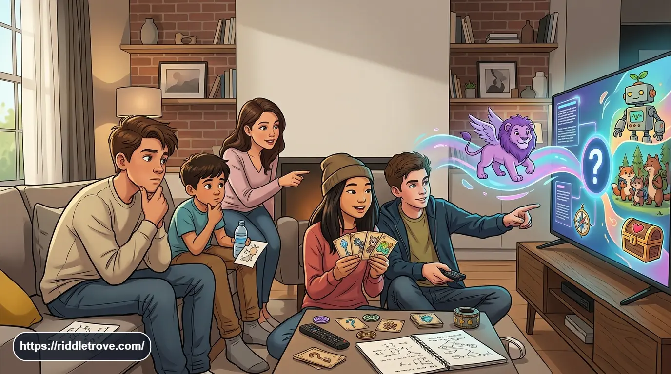 Children guessing animated TV shows from colorful clues and puzzle cards