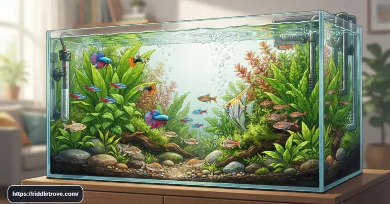 Colorful aquarium with fish, plants, bubbles, and aquarium riddles theme