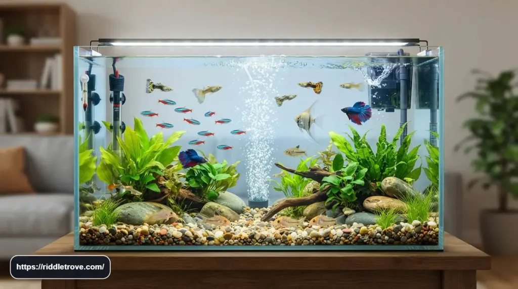 Colorful aquarium tank with tropical fish, aquatic plants, bubbles, gravel, heater, and filter