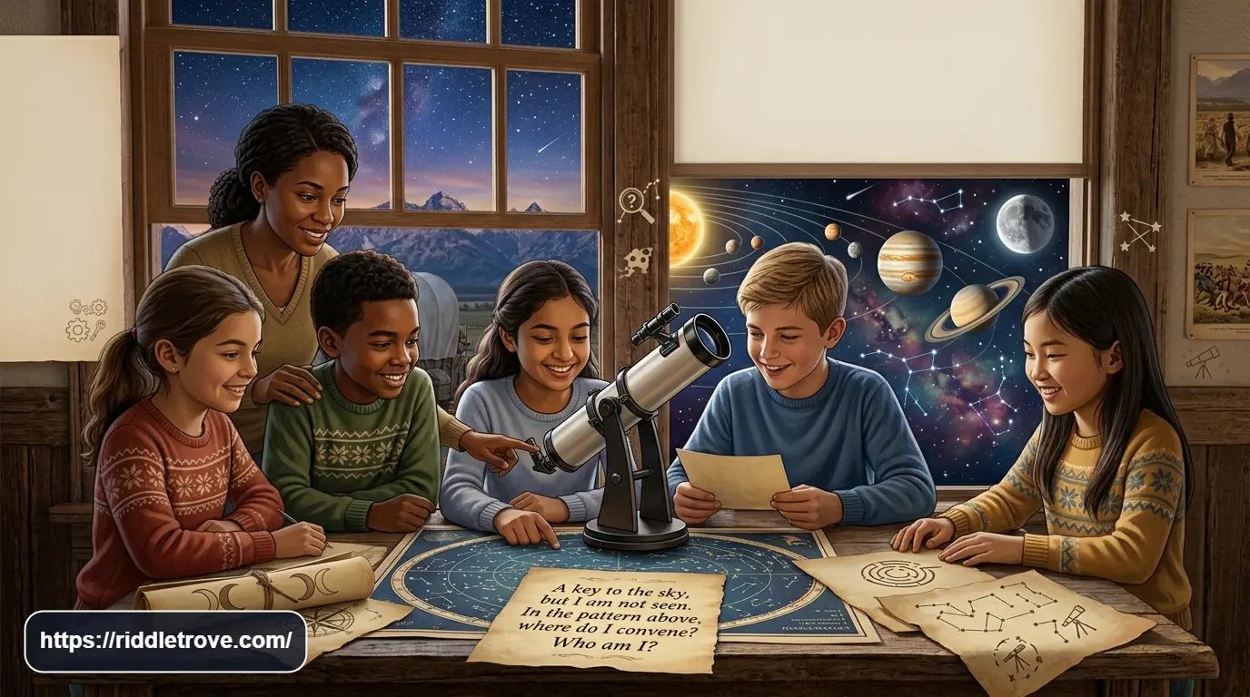 Children solving astronomy riddles beneath a star-filled night sky