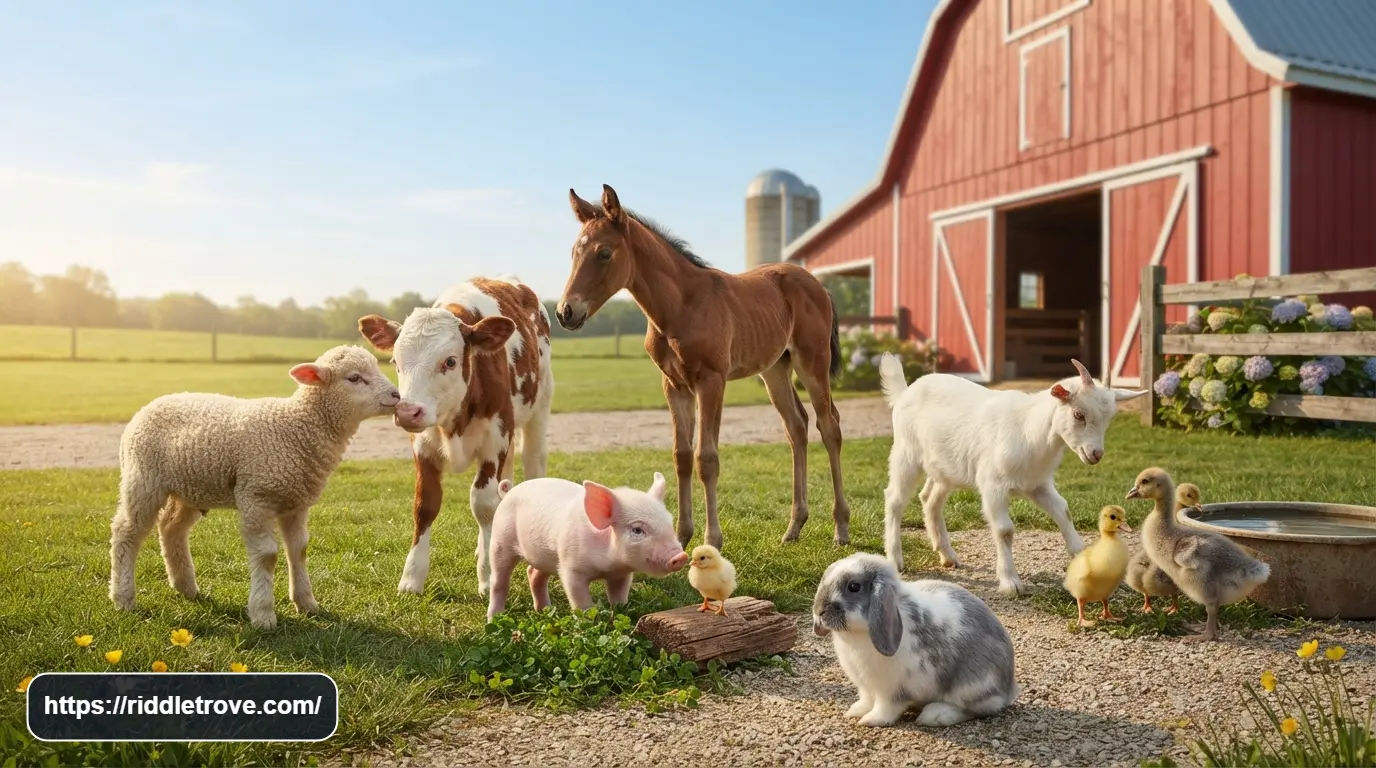 Cute baby farm animals gathered near a barn for a kids riddle article
