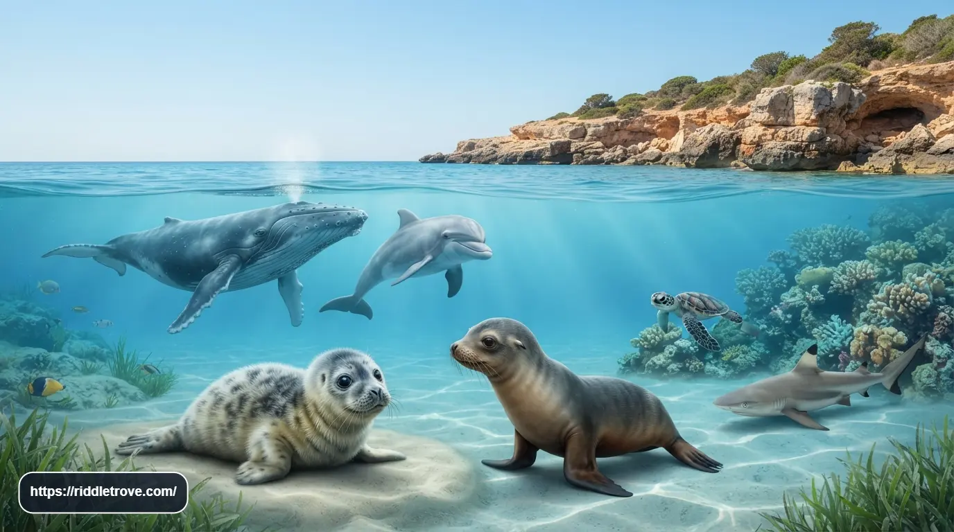 Young whale dolphin seal and sea turtle near clear ocean water

