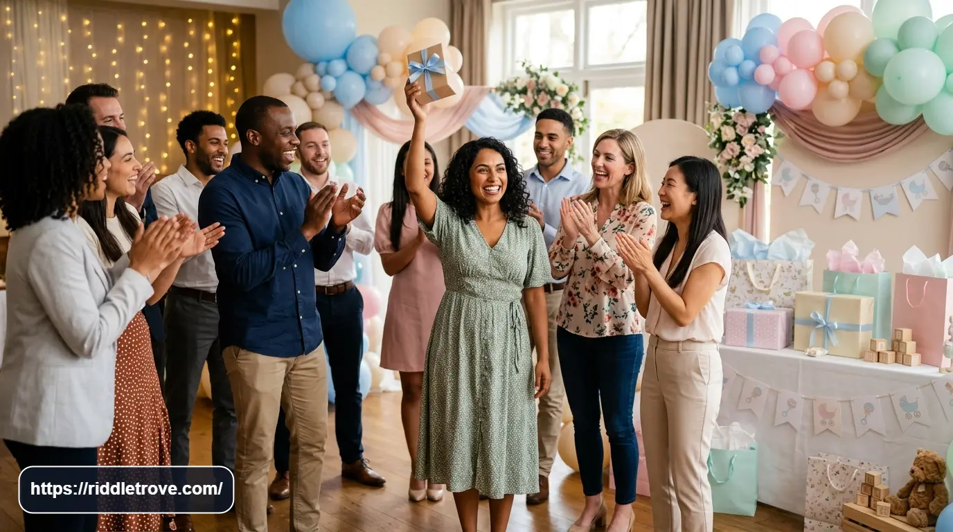 Baby shower guests celebrating after a lively final round of party riddles.